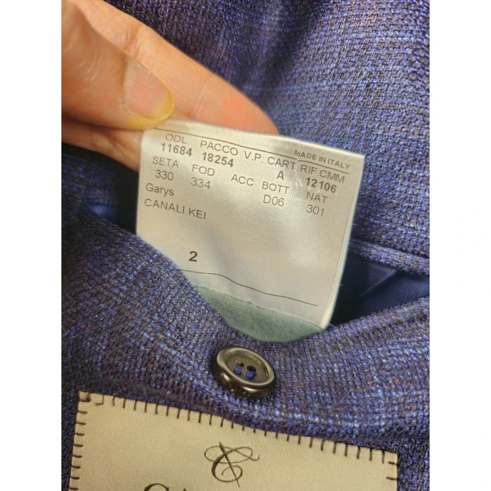 Canali Kei Blazer 56L/46L Navy Blue Plaid Wool Silk Linen Jacket Sport Coat